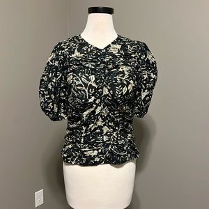 Ulla Johnson Black and Cream Floral Puff-Sleeve Blouse